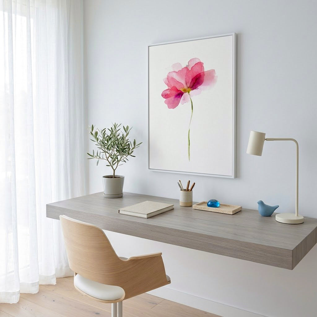 A framed watercolor-style pink flower print hangs on a light gray wall above a floating gray desk in a bright home office. A light wood chair, small plant, lamp, notebook, and desk accessories are arranged on the desk.