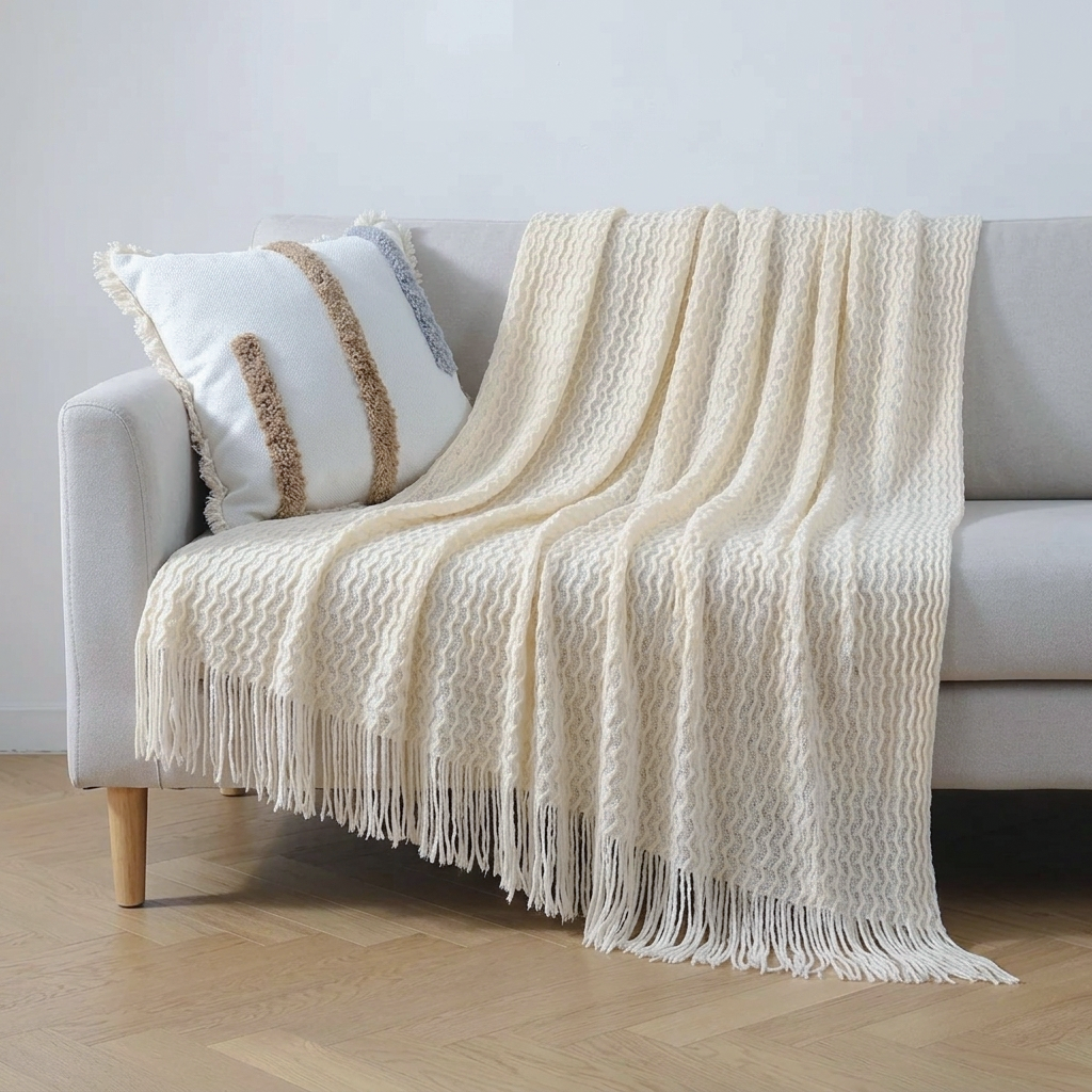 A cream-colored textured throw blanket with fringe trim draped over a light gray sofa, next to a white decorative pillow on a wooden floor.