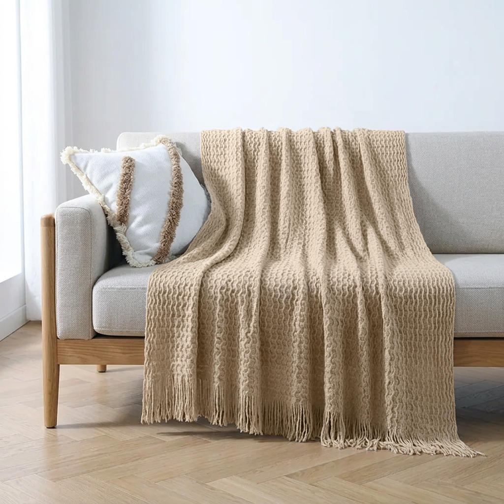 A khaki textured knit throw blanket with fringe is draped over a light gray sofa in a bright, modern living room setting.