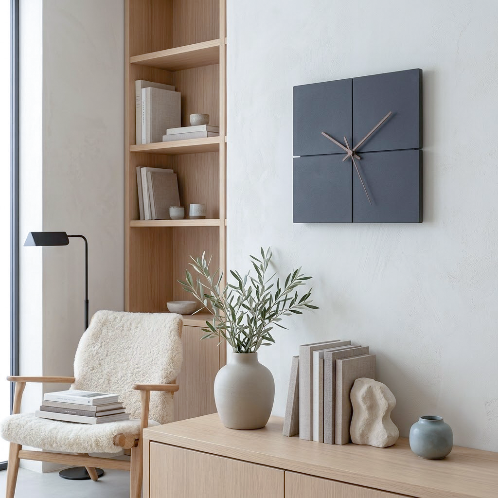 A modern four-panel wall clock in dark charcoal gray with Scandinavian minimalist bronze-toned hands, mounted on a light textured white wall in a styled interior room with a wooden chair, books, and a vase.