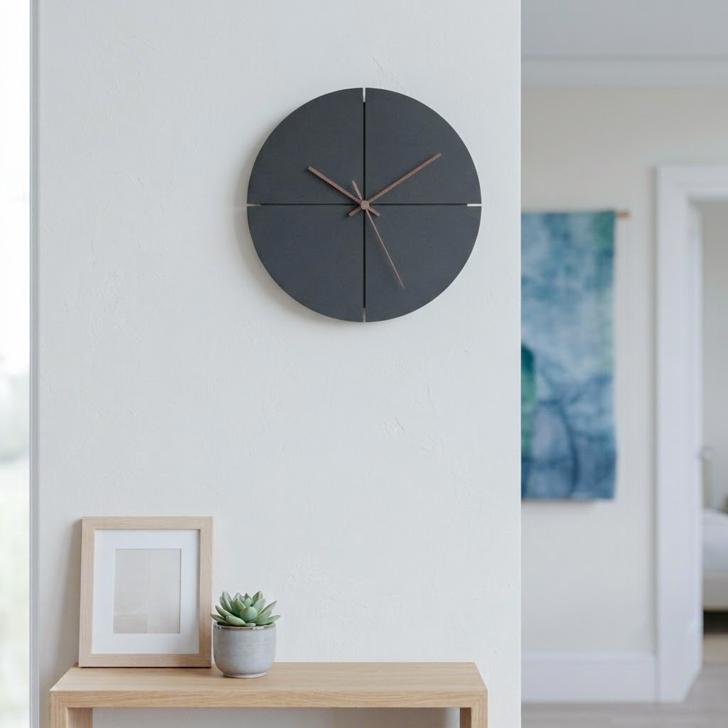 A minimalist round wall clock with a dark charcoal gray face and matching hour markers, suspended on a white wall above a light wood console table with a small succulent and picture frame.