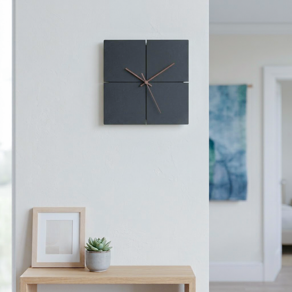 A modern four-panel square wall clock in dark charcoal gray with thin brown hands, mounted on a white wall above a light wood console table with a small potted succulent and a picture frame.