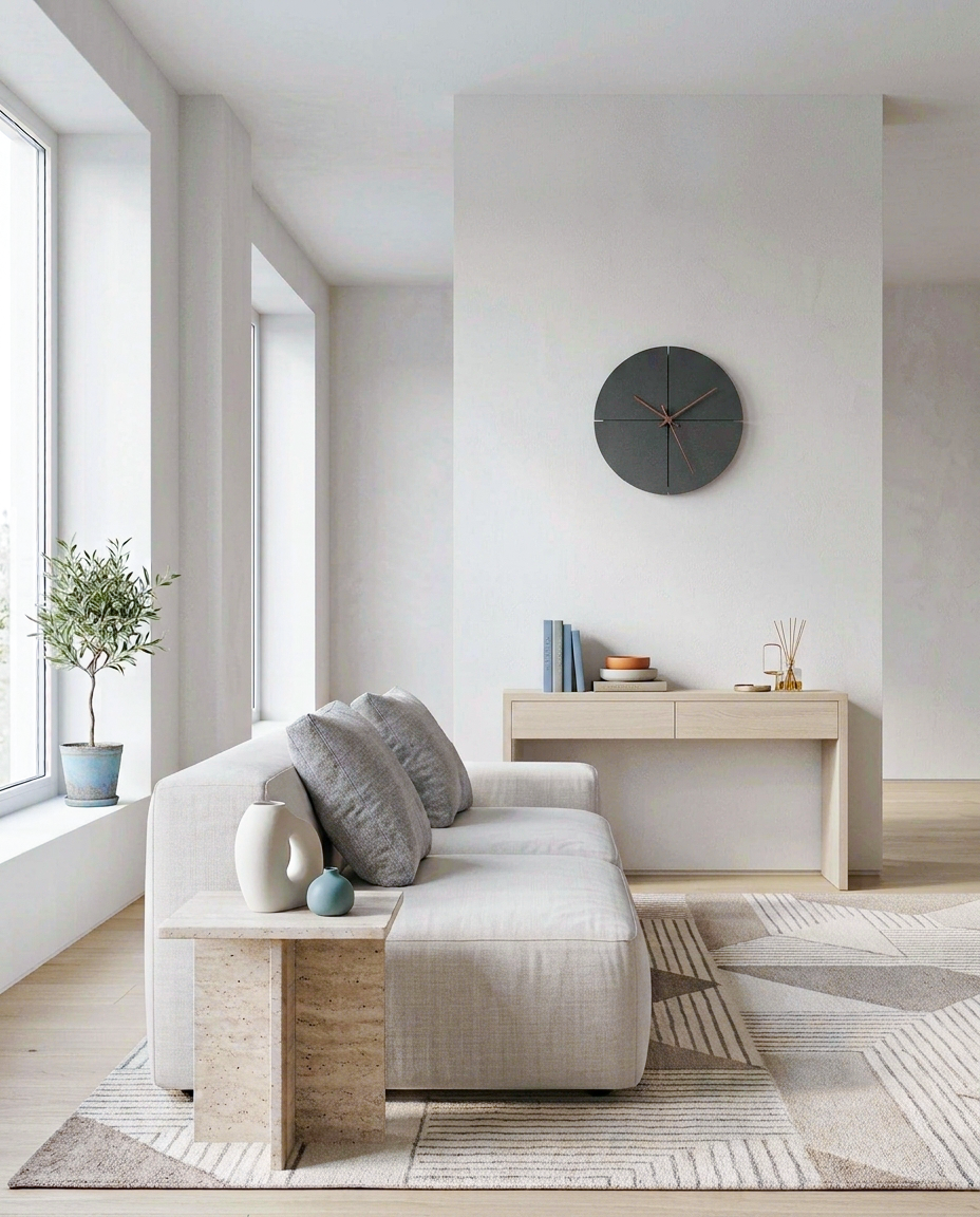 A modern living room featuring a light beige textured sofa with gray throw pillows, a matching stone side table, a geometric patterned rug, and a minimalist light wood console table against a white wall with a round dark gray wall clock.