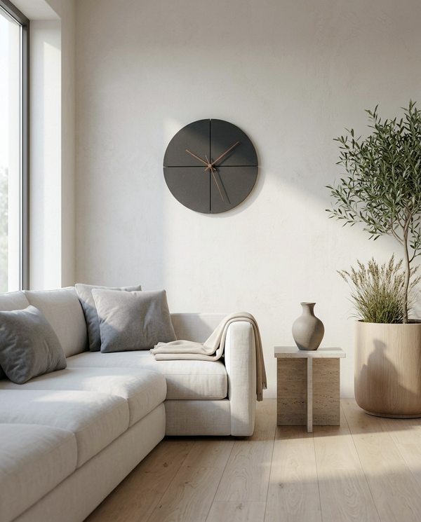 A modern round wall clock with a dark charcoal gray face and bronze-toned hands, mounted on a textured off-white wall in a bright, contemporary living room with a light beige sectional sofa, wooden floor, and a potted olive tree.