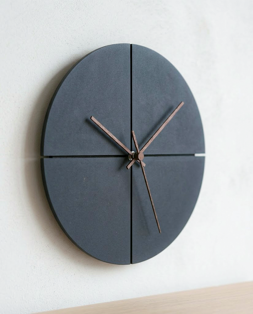 A minimalist round wall clock with a dark charcoal gray face divided by four intersecting black lines, featuring slim metallic hands in a warm rose-gold tone, mounted on a light off-white textured wall.