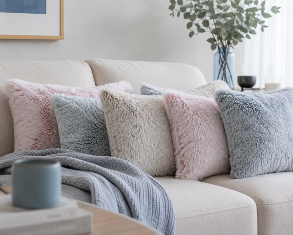Six fluffy faux-fur throw pillows in soft pastel colors (pink, light blue, cream, and slate blue) arranged on a light beige sofa, with a matching knit throw blanket draped over the seat.