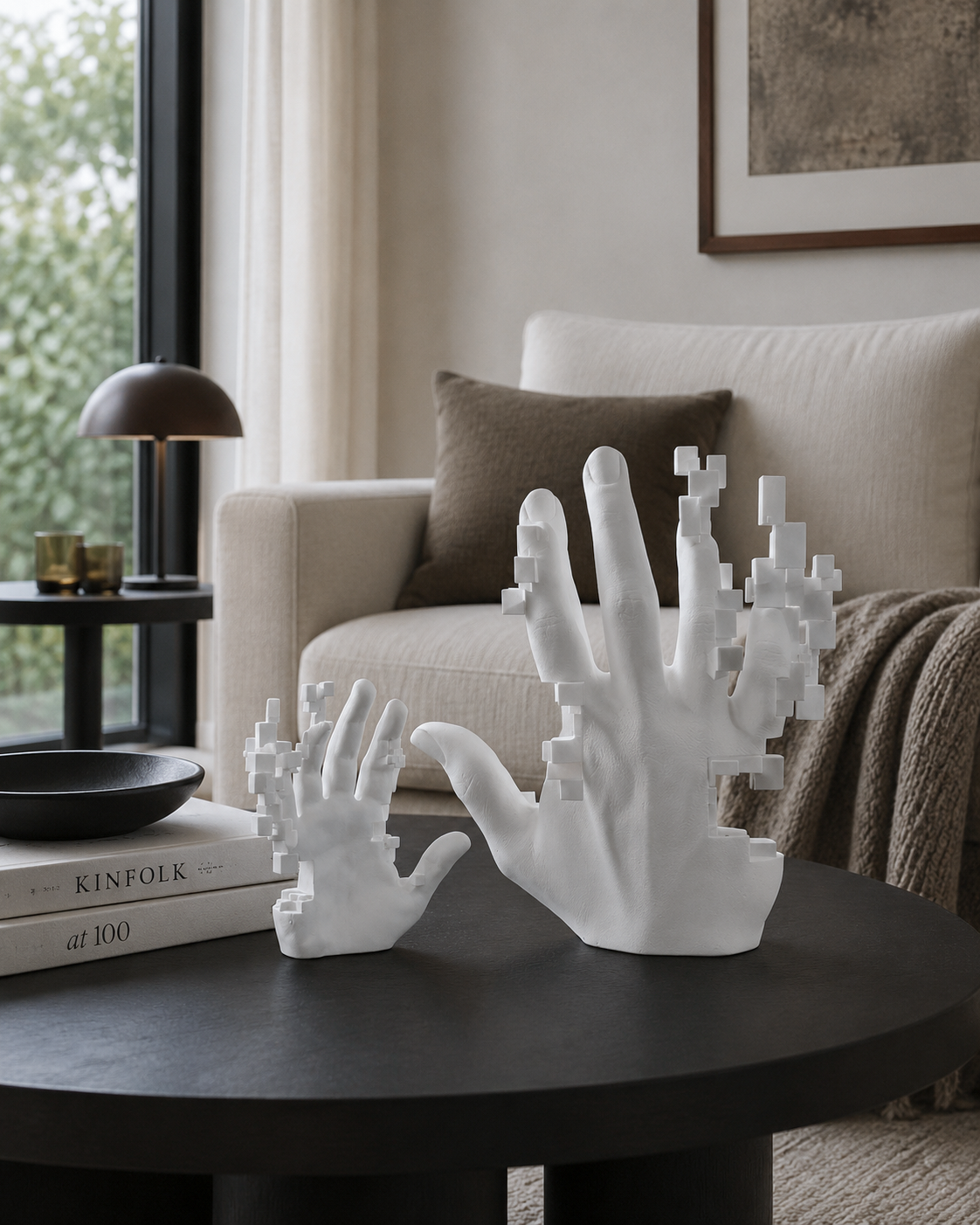 Two white hand-shaped decorative sculptures displayed on a dark round coffee table in a modern living room setting.