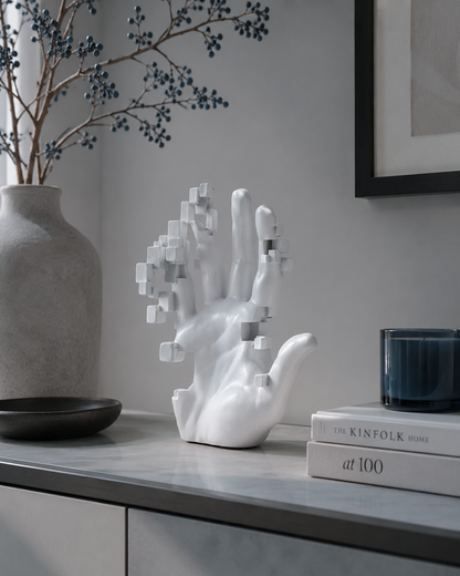 A white sculptural hand sculpture with pixelated cube details on the fingers, displayed on a gray console table in a modern interior setting next to a gray vase with dried blue berries, a black bowl, books, and a dark blue candle jar.