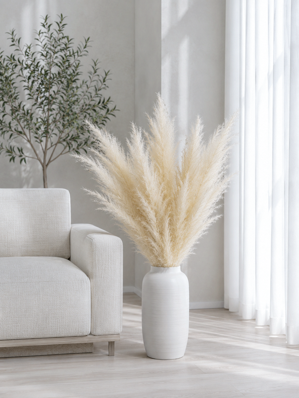 A tall white ceramic vase filled with fluffy cream pampas grass, placed beside a light beige upholstered sofa in a bright, minimalist room with soft sunlight and sheer curtains.