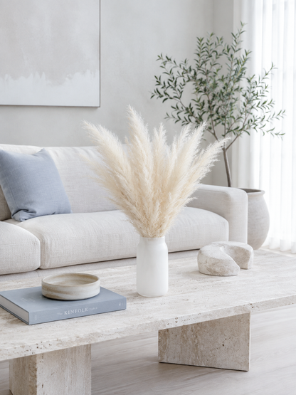 A styled living room scene featuring a low travertine coffee table, a white vase with tall beige pampas grass, a light blue throw pillow on a cream sofa, and a potted green plant in the background.