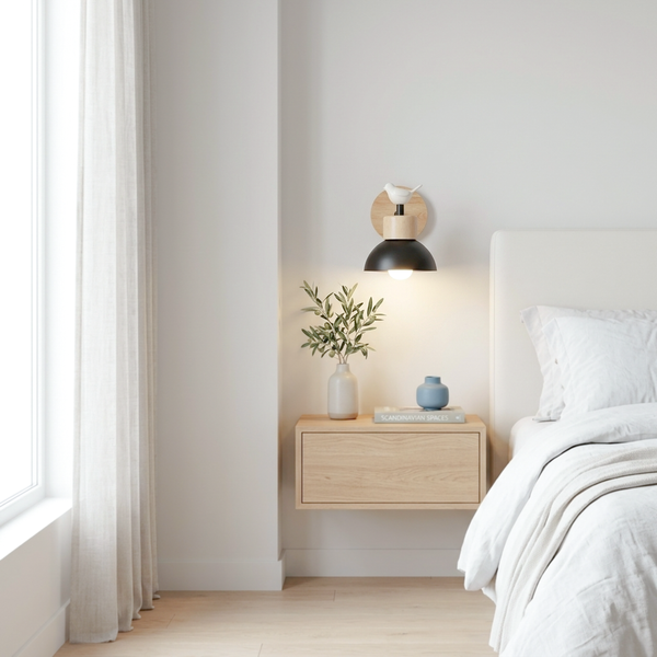 A modern wall-mounted light fixture with a black dome shade, a bird ornament above, and a gold circular backplate, illuminated above a floating wooden nightstand in a bright, minimalist bedroom.