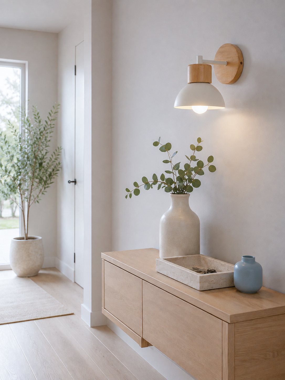 A modern wall-mounted sconce with a white dome shade, light wood neck, and circular wood backplate, casting a warm glow on a light gray wall in a minimalist interior setting.