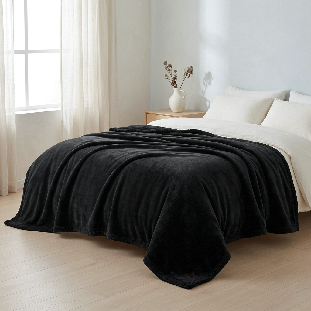 A plush black throw blanket is draped over a bed with white bedding in a bright, modern bedroom with light wood floors and sheer curtains.