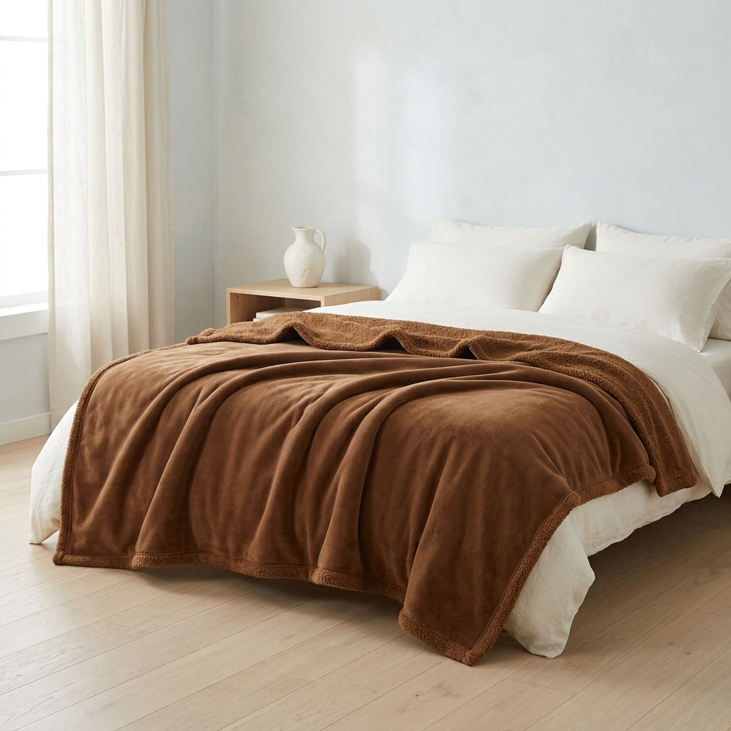 A warm brown fleece throw blanket draped over a neatly made bed with white bedding in a bright, minimalist bedroom.