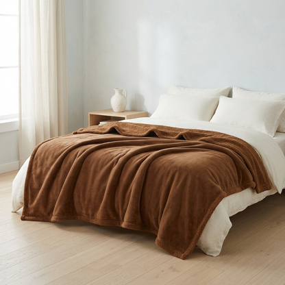 A warm brown fleece throw blanket draped over a neatly made bed with white bedding in a bright, minimalist bedroom.