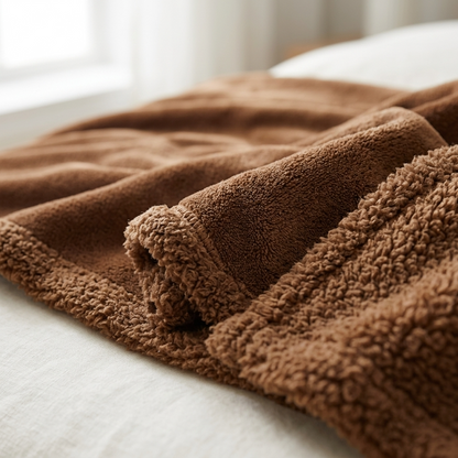 A close-up of a plush brown sherpa blanket draped over a white bed, showing its soft, textured fleece surface and ribbed border.