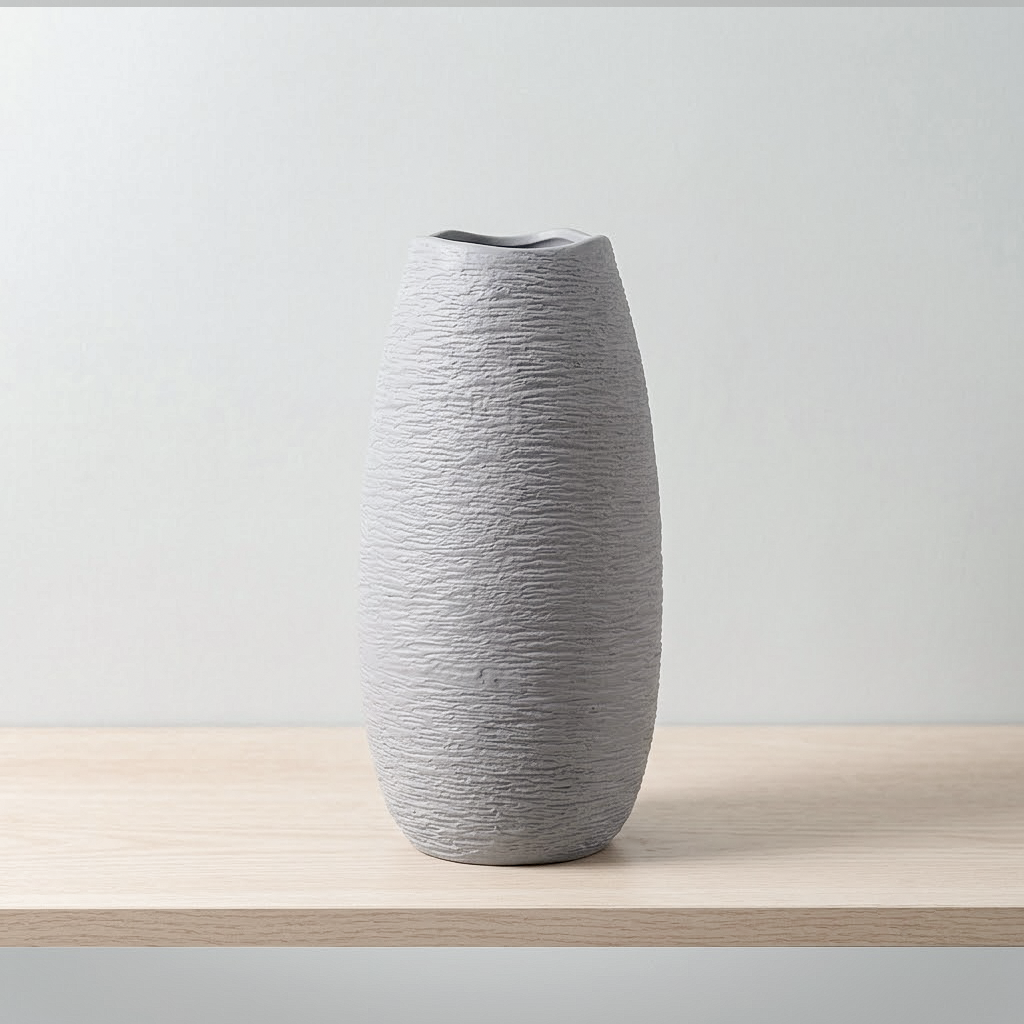 A tall, textured tall gray ceramic vase with a small opening, standing on a light wood surface against a neutral light gray background.