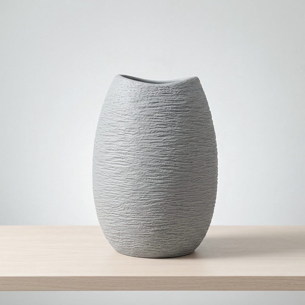 A light gray textured ceramic vase with a small slant cut on the rim, displayed on a light wood surface against a neutral light gray background.