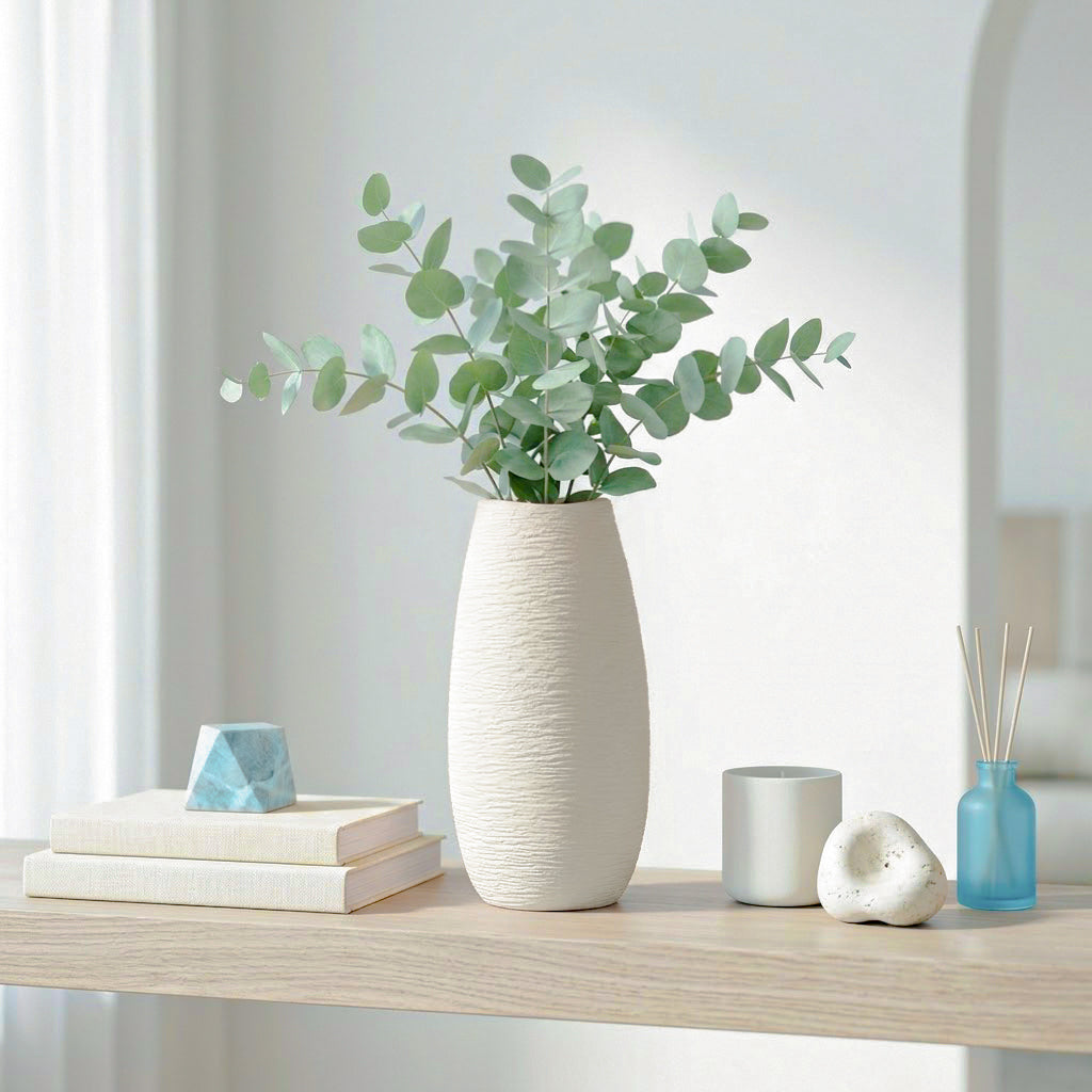 A tall textured off-white ceramic vase filled with eucalyptus stems, styled on a light wood shelf with books, a small blue geometric object, a gray cup, a white decorative stone, and a blue reed diffuser in a bright interior setting.