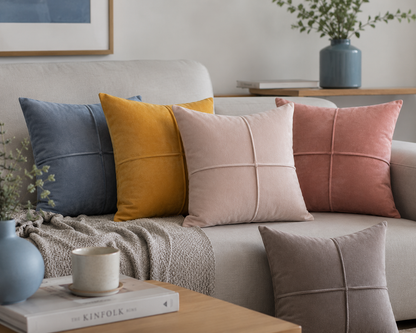 A set of velvet throw pillows in blue, mustard yellow, blush pink, dusty rose, and taupe, arranged on a light beige sofa in a styled living room setting.