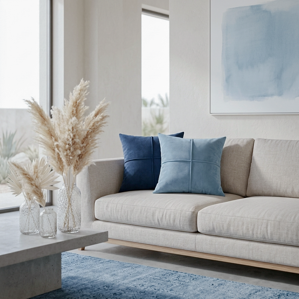 A modern beige sofa in a bright living room setting, styled with two square throw pillows in navy and light blue velvet. The scene includes a concrete coffee table with pampas grass in glass vases, a blue rug, and a light blue abstract painting on the wall.