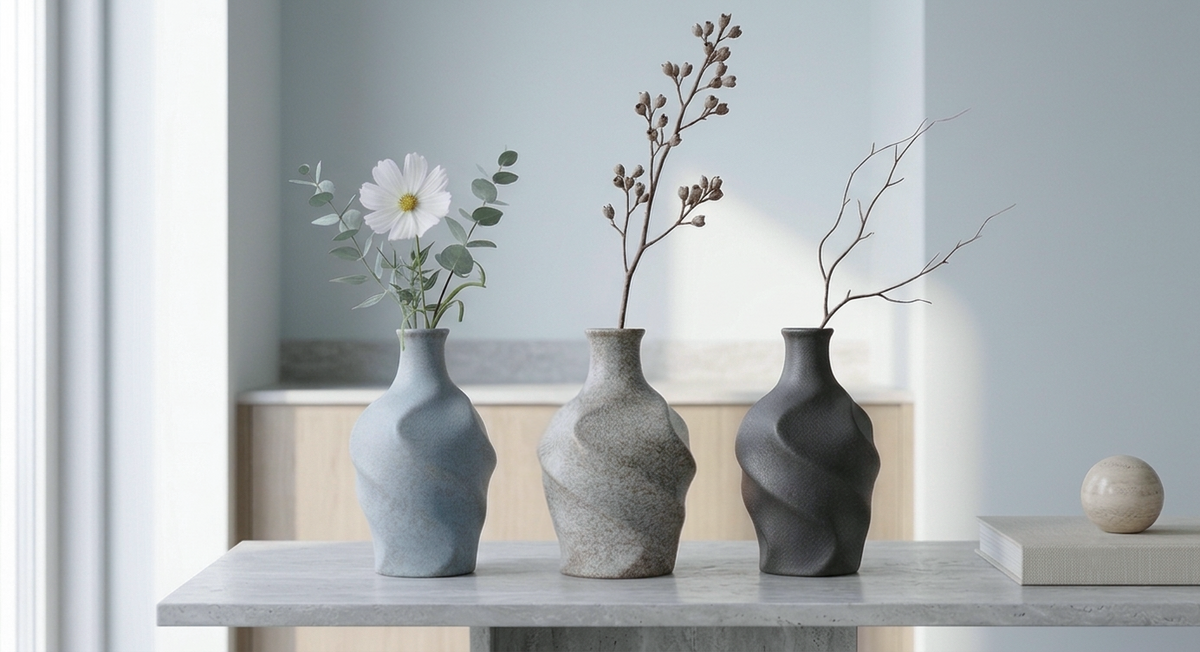 Three modern textured ceramic vases in light blue, speckled beige, and dark charcoal gray, styled with dried botanicals and a white flower on a light gray stone table.