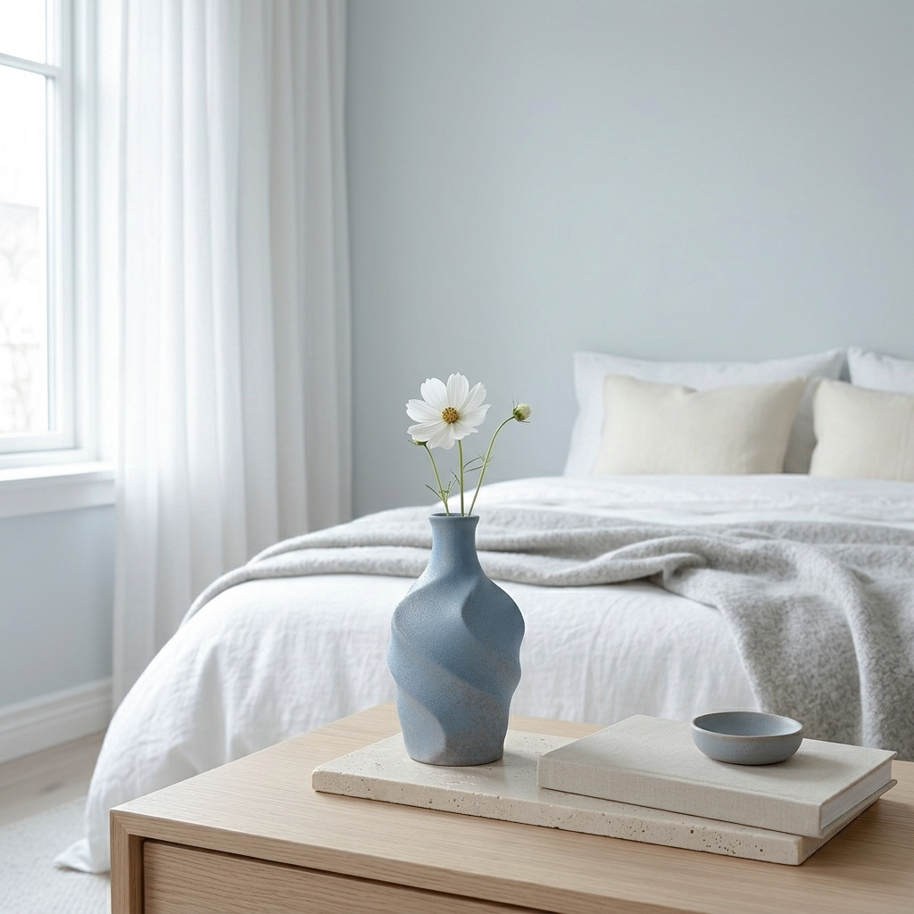 A light blue ceramic vase with a twisted, organic shape sits on a wooden nightstand in a bedroom setting, holding white daisies. The background shows a neatly made bed with white linens and pillows against a soft blue-gray wall.
