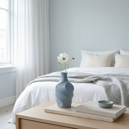 A light blue ceramic vase with a twisted, organic shape sits on a wooden nightstand in a bedroom setting, holding white daisies. The background shows a neatly made bed with white linens and pillows against a soft blue-gray wall.