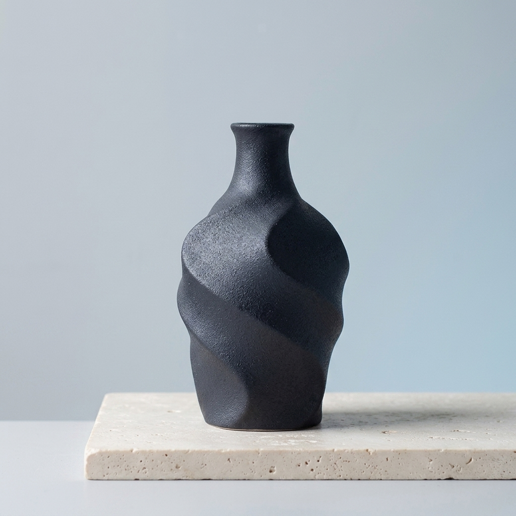A small matte black ceramic vase with a sculptural, twisted spiral design, displayed on a light beige stone slab against a soft light gray background.