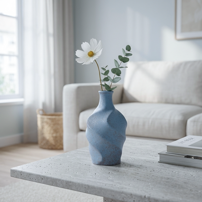 A textured light blue ceramic vase with a twisted, organic shape sits on a gray stone coffee table in a bright, modern Scandinavian living room. The vase holds a white daisy and a green eucalyptus stem.