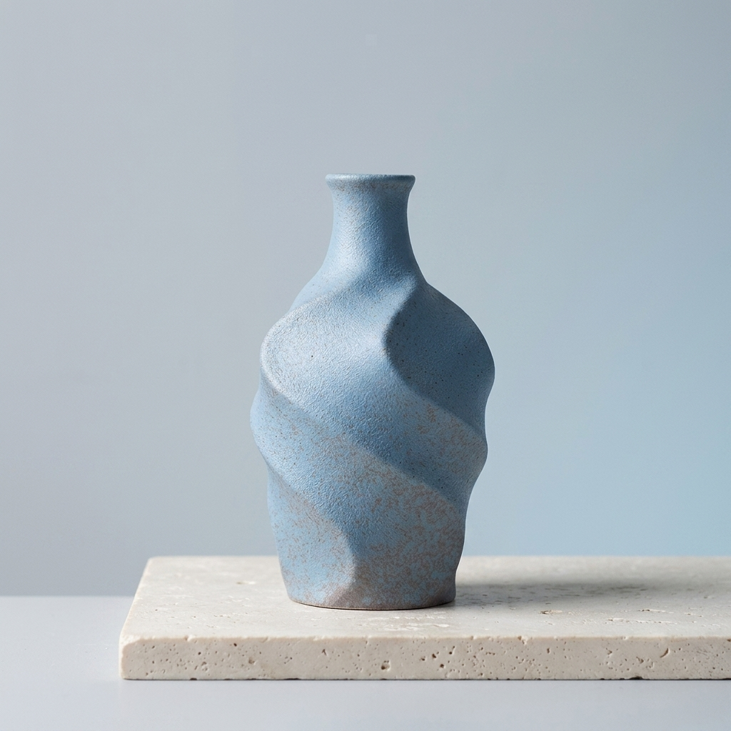 A small blue ceramic vase with a textured, sculptural spiral design, displayed on a light beige stone slab against a soft light blue-gray background.