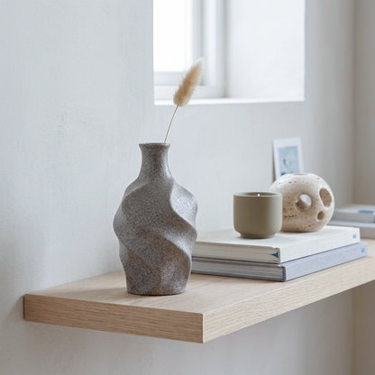 A textured gray ceramic vase with a twisted, wave-like form sits on a light oak floating shelf. A dried pampas grass stem is tucked inside the vase.