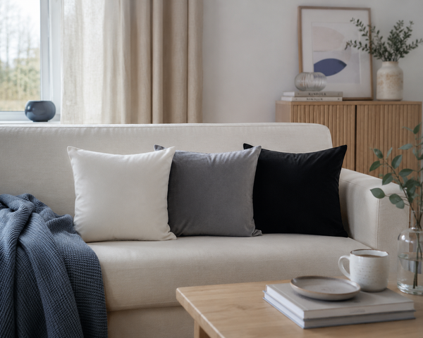 Three decorative velvet throw pillows in white, gray, and black arranged on a cream sofa in a bright, modern living room. A navy blue knit throw blanket is draped over the left side, with a light wood coffee table, books, a mug, and a vase in the foreground.