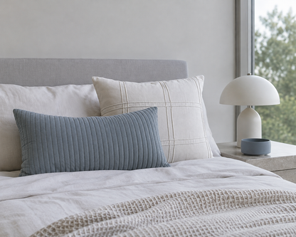 A styled bedroom scene featuring a slate blue ribbed lumbar pillow and a cream checkered pillow on a bed with white bedding, next to a white table lamp.