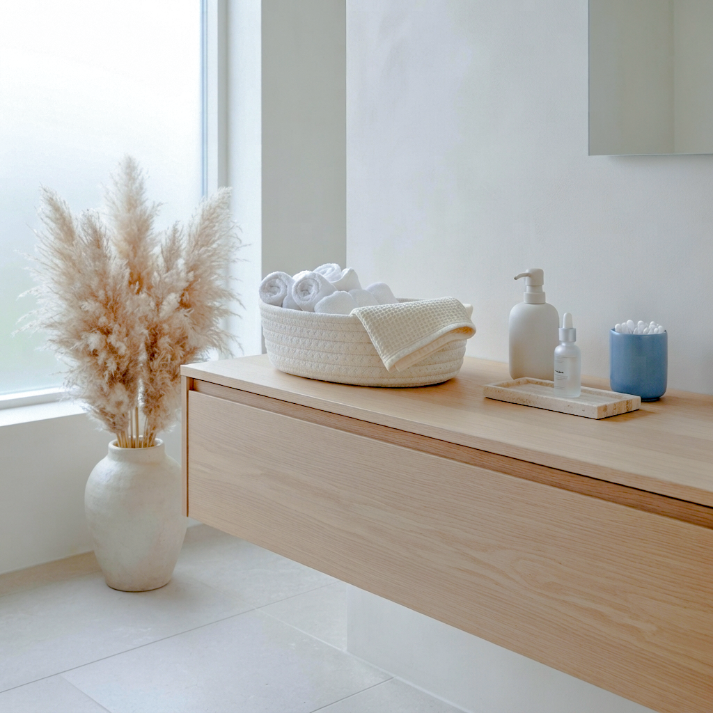 A modern floating bathroom vanity in light natural wood, styled with a woven basket of rolled towels, a white pump bottle, a small tray, and a blue cup, set in a bright minimalist bathroom next to a vase of pampas grass.