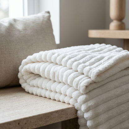 A folded white textured blanket with a ribbed, corduroy-like surface rests on a light stone table next to a neutral beige pillow in a softly lit interior setting.