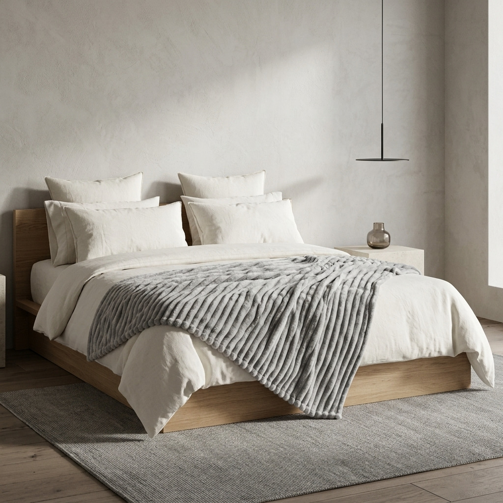 A modern low-profile platform bed with a light natural wood frame, dressed in white bedding and a textured gray striped throw blanket, set in a minimalist bedroom with a textured plaster wall, a gray rug, and a small side table.