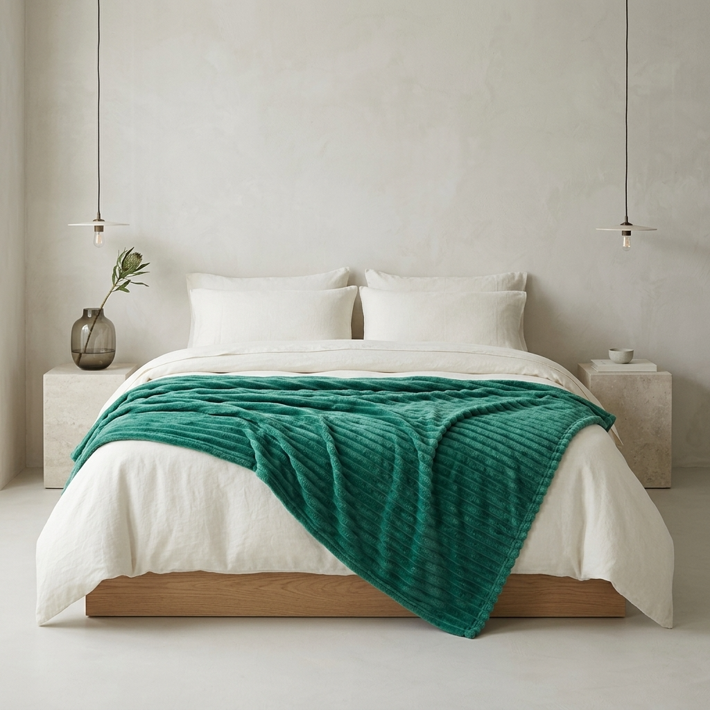 A teal green textured throw blanket draped over a bed with white linens, set in a minimalist modern bedroom with concrete nightstands and pendant lights.