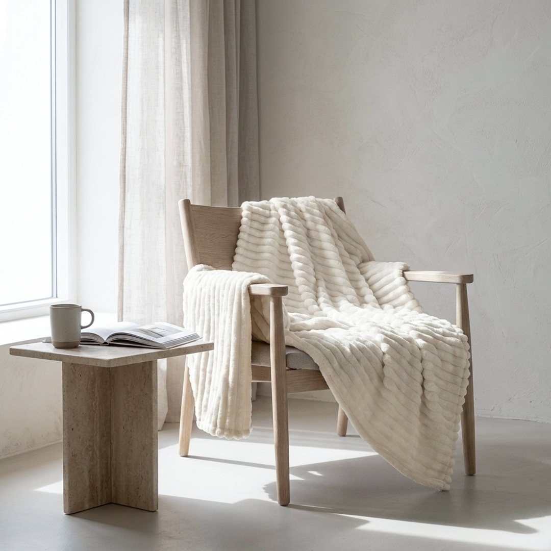A ribbed knit beige throw blanket draped over a light wood armchair in a bright, minimalist room with a side table and window.