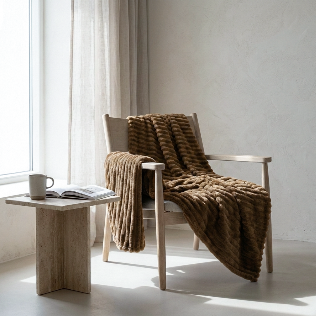 A cozy brown textured throw blanket draped over a light wood armchair in a bright, minimalist room with a stone side table and window.