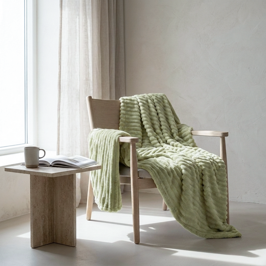 A light sage green chunky knit throw blanket draped over a wooden armchair in a bright, minimalist room with a side table and window.