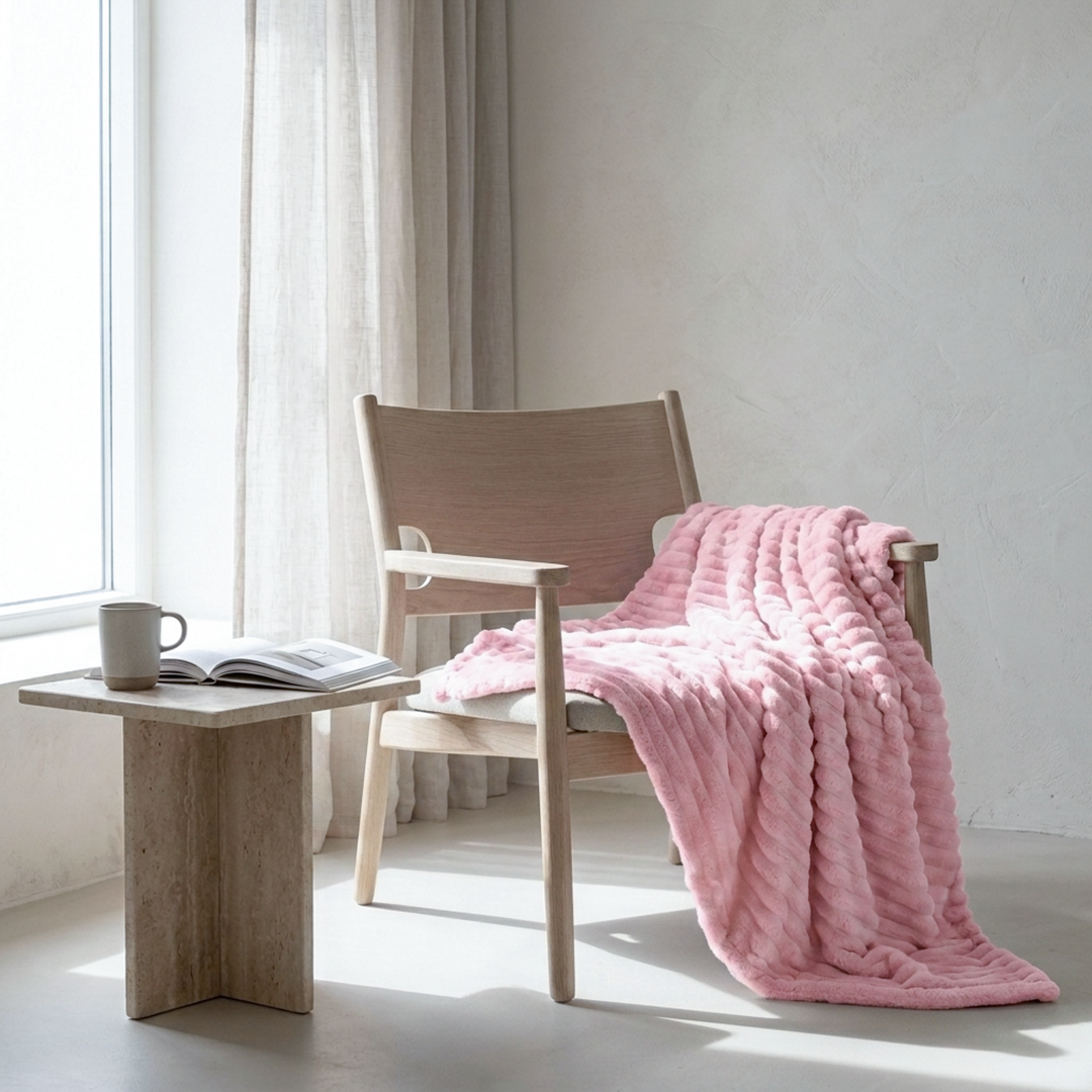 A soft pink textured throw blanket draped over a light wood armchair in a bright, minimalist room with a side table and window.