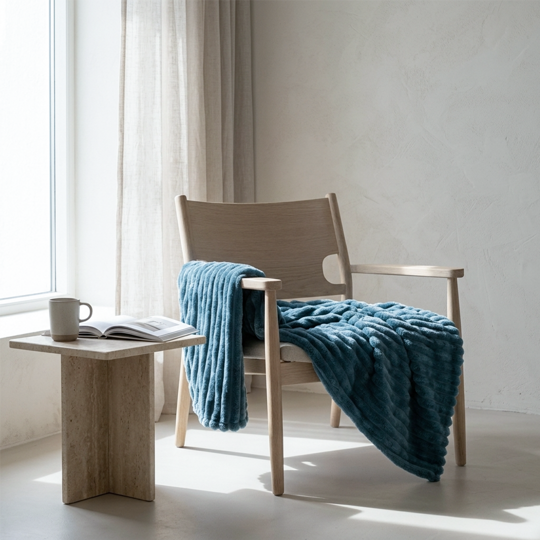 A light wood armchair in a bright room with a chunky textured teal blue throw blanket draped over it, alongside a small stone side table with a mug and open book.