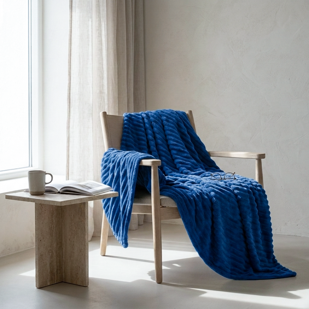A plush, ribbed royal blue throw blanket draped over a light wood armchair in a bright, minimalist room with a side table and window.