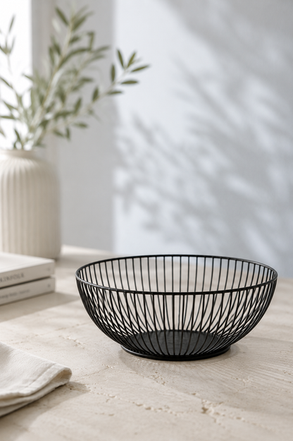 A black wire bowl with a modern open-grid design, placed on a light beige tabletop with a neutral background and soft shadows.