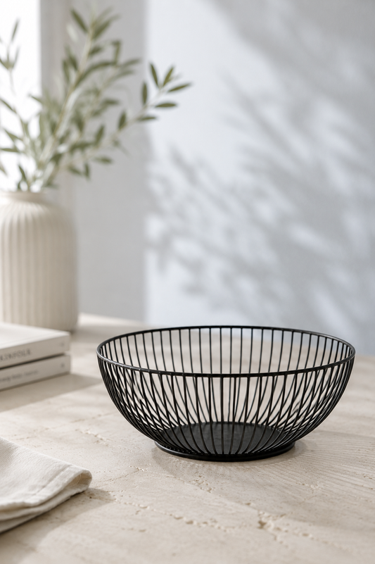 A black wire bowl with a modern open-grid design, placed on a light beige tabletop with a neutral background and soft shadows.
